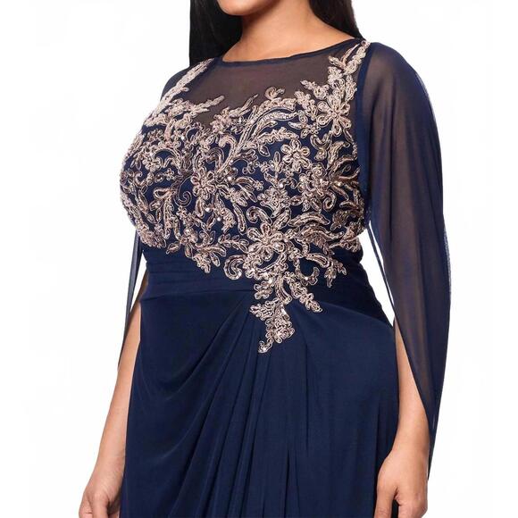 NEW BETSY & ADAM long sheer matte jersey cape back dress with applique in navy/r NEW BETSY & ADAM long sheer matte jersey cape back dress with applique in navy/r